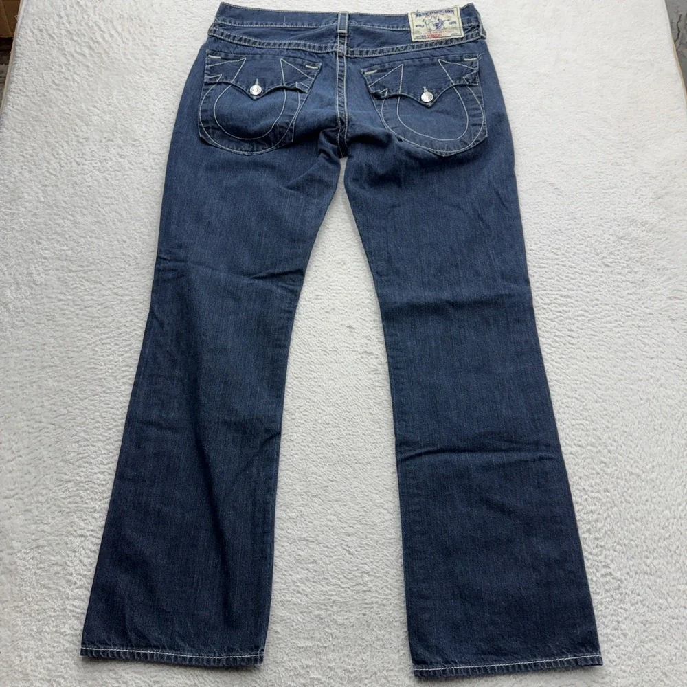 True Religion Mens Straight Leg Jeans Dark Wash White Big T Stitching 36 USA‎